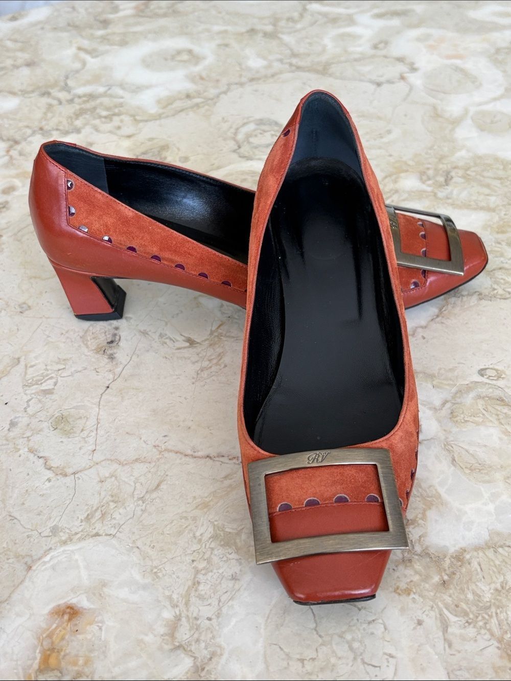 Roger Vivier Trompette 45mm Suede & Leather Pumps Square Buckle
